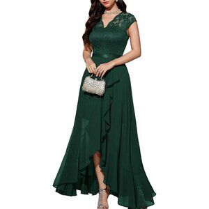 Women's Dark Green V-Neck  Hi-Lo Floral Lace Prom Cocktail Prom Formal Dress